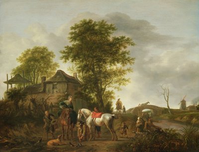 A landscape with a cottage and horsemen by Pieter Wouwermans or Wouwerman